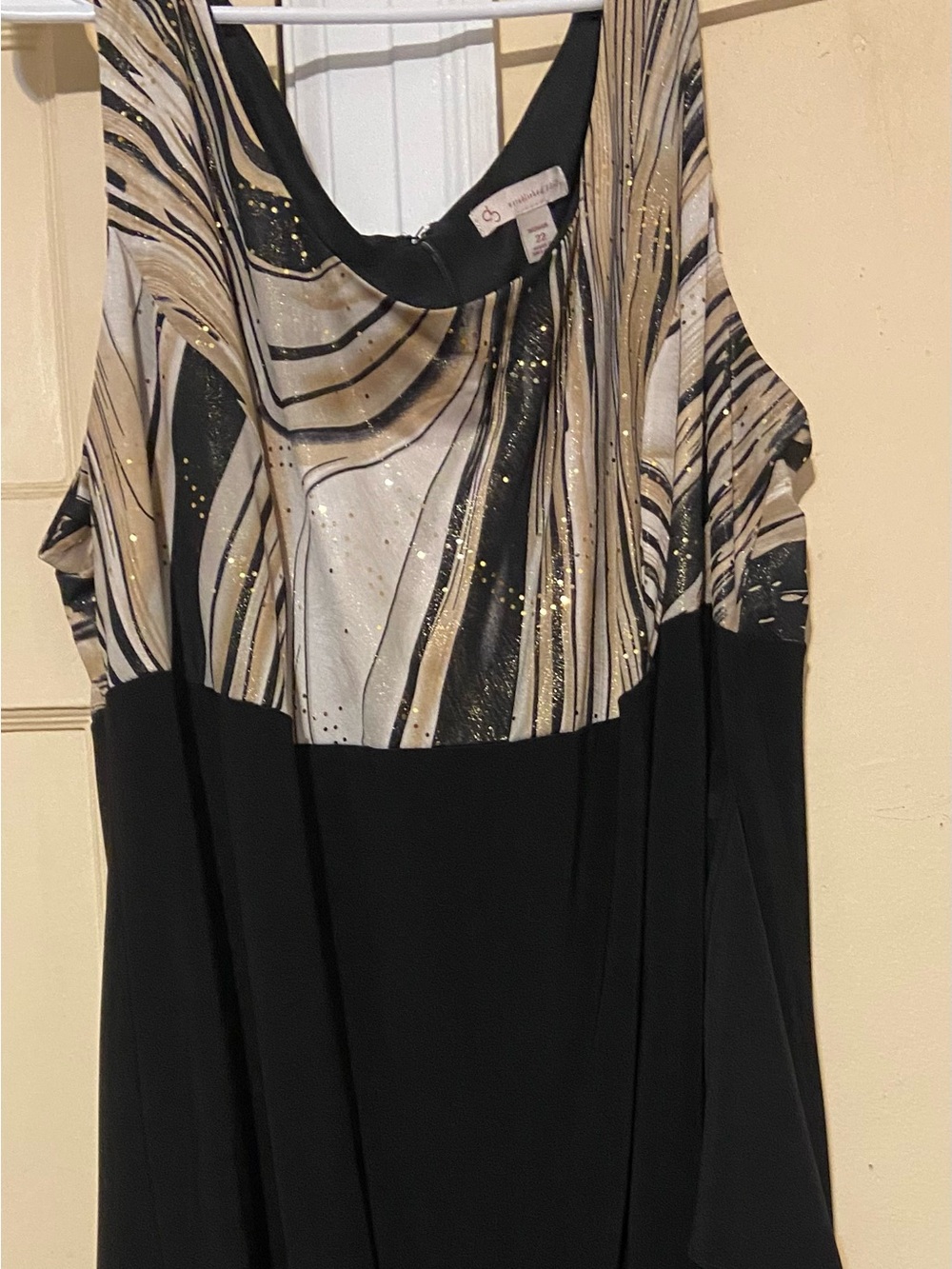 Sleeveless Black Dress Top with Metallic Swirl Yoke